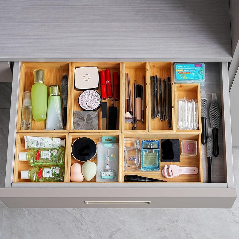 Fabsome Drawer Organizer, Set of 9 Bamboo Wood Kitchen Makeup Desk Junk Tea Drawer Storage Boxes Bins for Cutlery Silverware Utensils Flatware, Small Wooden Container Tray for Bathroom, Office - Image 2